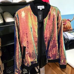 NWT Kate Hewko Iridescent Sequin Bomber, Size Medium